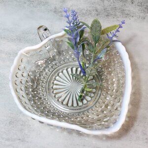 Vintage Anchor Hocking Moonstone Clear Heart Shape Hobnail Dish with Handle